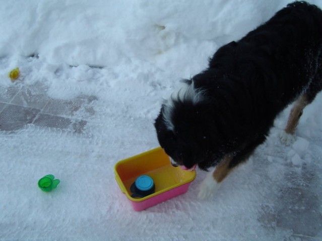Pospravljanje igračk kar v snegu:)