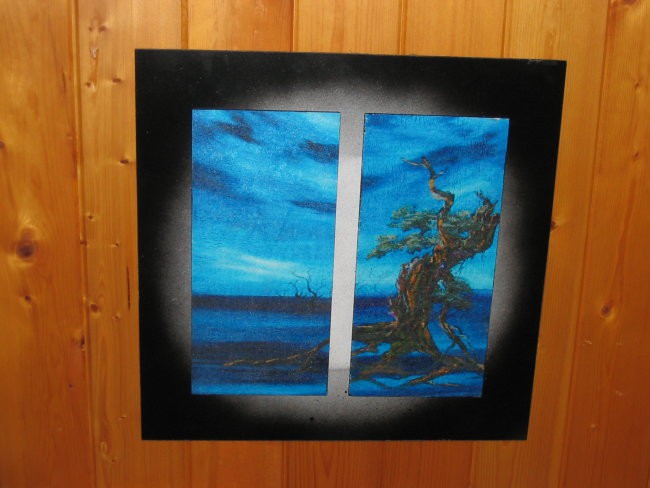 drevo, velikost slike 35x35 cm, okvir je s črnim sprejem, efekt reflektorja, servetek je n