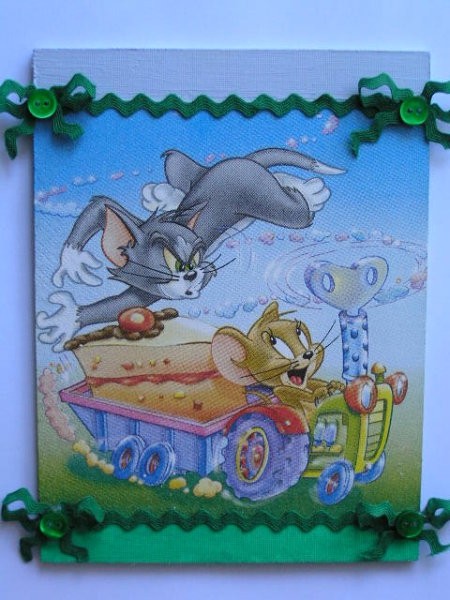 Tom in Jerry za našega mojstra. Servetna tehnika na lesu prekritem s platnom (15x20). Okra