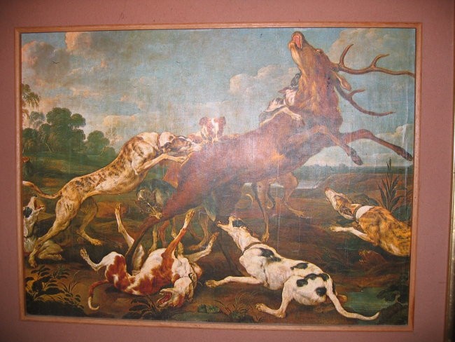 stara slika, lov na jelena z Angleškimi hrti